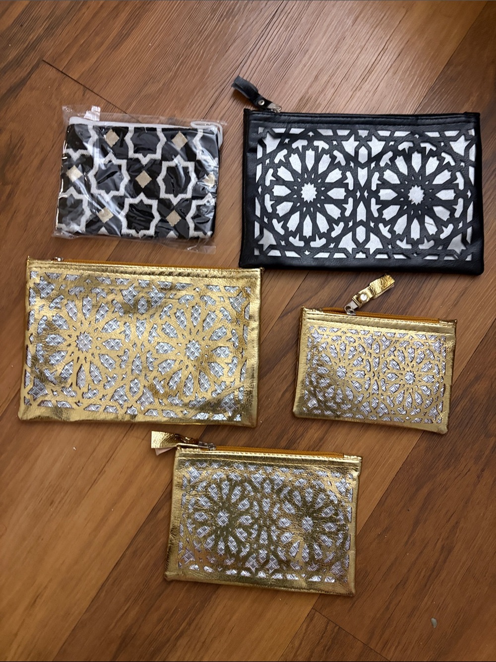 Moroccan Gold & Silver and black Metallic Cutout Zip Pouches set -
